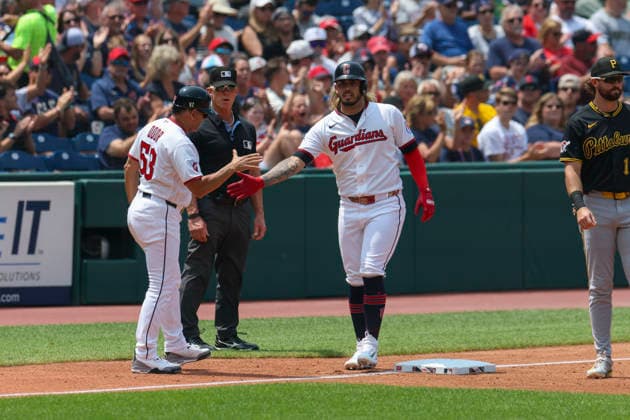July 19, 2026: Cleveland Guardians third base and infield coach Rouglas Odor (53) congratulates third baseman Gabriel Arias (13) after advancing to third base during the fourth inning of the Major League Baseball game between the Pittsburgh Pirates and Cleveland Guardians at Progressive Field in Cleveland, Ohio. CSM Cleveland United States of America - ZUMAc04_ 20260719_zma_c04_013 Copyright: xBrianxFisherx