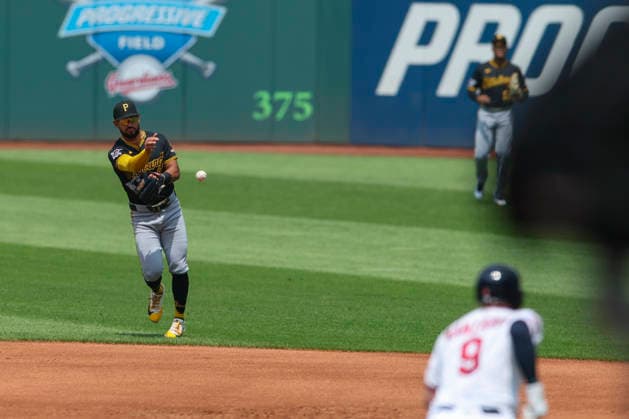 July 19, 2026: Pittsburgh Pirates first baseman Jacob Gonzalez (26) throws the ball to first base for an out during the third inning of the Major League Baseball game between the Pittsburgh Pirates and Cleveland Guardians at Progressive Field in Cleveland, Ohio. CSM Cleveland United States of America - ZUMAc04_ 20260719_zma_c04_018 Copyright: xBrianxFisherx