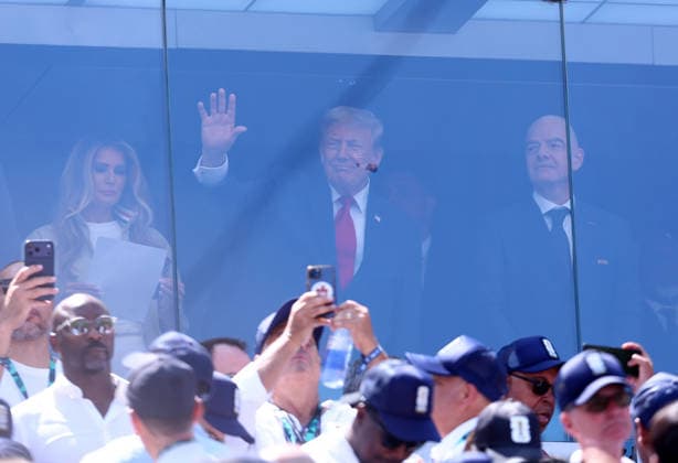 New Jersey, USA, 19th July 2026. President Trump (c) waves alongside FIFA President Gianni Infantino (r) during the Spain vs Argentina FIFA World Cup, WM, Weltmeisterschaft, Fussball final match at the Metlife Stadium, New Jersey. Picture credit should read: Paul Terry Sportimage EDITORIAL USE ONLY. No use with unauthorised audio, video, data, fixture lists, club league logos or live services. Online in-match use limited to 120 images, no video emulation. No use in betting, games or single club league player publications. SPI_034_PT_Spain_Argentina SPI-4862-0030
