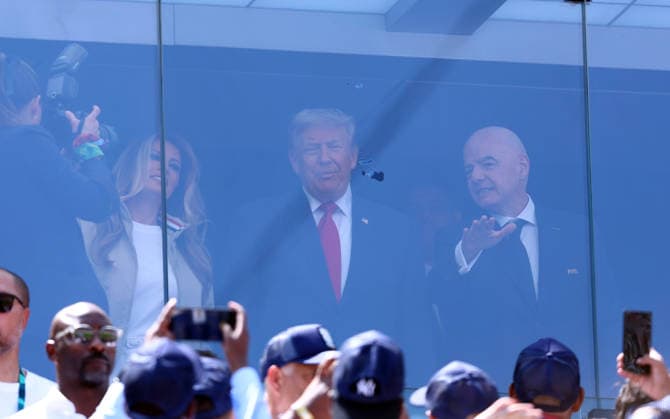New Jersey, USA, 19th July 2026. President Trump (l) alongside FIFA President Gianni Infantino (r) during the Spain vs Argentina FIFA World Cup, WM, Weltmeisterschaft, Fussball final match at the Metlife Stadium, New Jersey. Picture credit should read: Paul Terry Sportimage EDITORIAL USE ONLY. No use with unauthorised audio, video, data, fixture lists, club league logos or live services. Online in-match use limited to 120 images, no video emulation. No use in betting, games or single club league player publications. SPI_031_PT_Spain_Argentina SPI-4862-0032