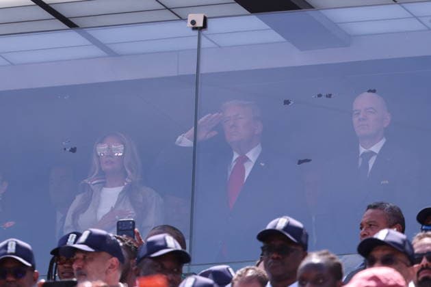 2026 World Cup Final - Trump In The Stands - USA First Lady, Melania Trump, President of USA, Donald Trump and President of FIFA, Gianni Infantino in the stands during the FIFA World Cup, WM, Weltmeisterschaft, Fussball 2026 final football match between Spain and Argentina on July 19, 2026 at the New York Stadium in East Rutherford, NJ, USA. Photo by Charles Guerin ABACAPRESS.COM East Rutherford NJ United States  Copyright: xGuerinxCharles ABACAx