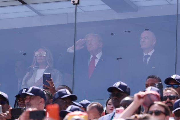 2026 World Cup Final - Trump In The Stands - USA First Lady, Melania Trump, President of USA, Donald Trump and President of FIFA, Gianni Infantino in the stands during the FIFA World Cup, WM, Weltmeisterschaft, Fussball 2026 final football match between Spain and Argentina on July 19, 2026 at the New York Stadium in East Rutherford, NJ, USA. Photo by Charles Guerin ABACAPRESS.COM East Rutherford NJ United States  Copyright: xGuerinxCharles ABACAx