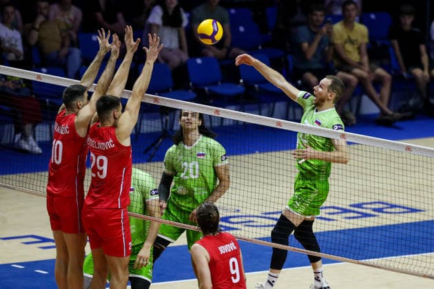 Serbia v Slovenia - Men s Volleyball Nations League BELGRADE, SERBIA - JULY 19: Players of the Slovenia and Serbia in action during the FIVB Men s Volleyball Nations League Pool 7 preliminary round match between Serbia and Slovenia at the Belgrade Arena in Belgrade, Serbia, on July 19, 2026 Filip Stevanovic Anadolu Belgrade Serbia. Editorial use only. Please get in touch for any other usage.  Copyright: x2026xAnadoluxFilipxStevanovicx