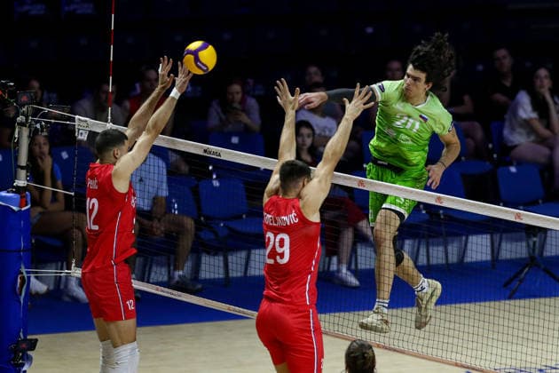 Serbia v Slovenia - Men s Volleyball Nations League BELGRADE, SERBIA - JULY 19: Players of the Slovenia and Serbia in action during the FIVB Men s Volleyball Nations League Pool 7 preliminary round match between Serbia and Slovenia at the Belgrade Arena in Belgrade, Serbia, on July 19, 2026 Filip Stevanovic Anadolu Belgrade Serbia. Editorial use only. Please get in touch for any other usage.  Copyright: x2026xAnadoluxFilipxStevanovicx