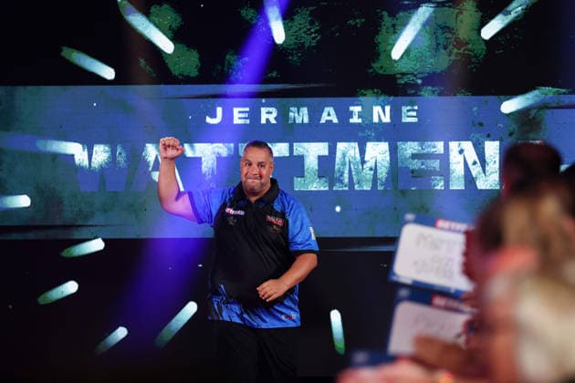 RECORD DATE NOT STATED 19th July 2026, Winter Gardens, Blackpool, Lancashire, England; 2026 Betfred World Matchplay Darts, Day Two; Jermaine Wattimena during his walk on AidanxHunter