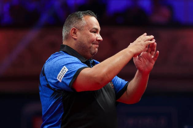 RECORD DATE NOT STATED 19th July 2026, Winter Gardens, Blackpool, Lancashire, England; 2026 Betfred World Matchplay Darts, Day Two; Jermaine Wattimena during his walk on AidanxHunter