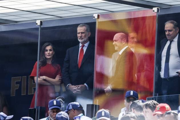 EAST RUTHERFORD, NEW JERSEY - (LR) Spanish Queen Letizia, Spanish King Felipe VI, President of the Spanish Football Federation (RFEF) Rafael Louzan during the 2026 FIFA World Cup, WM, Weltmeisterschaft, Fussball final between Spain and Argentina at the New York New Jersey Stadium on July 19, 2026 in East Rutherford, New Jersey, United States. MAURICE VAN STEEN ANP World Cup Soccer 2026 xVIxANPxSportx xMauricexvanxSteenxIVx 563861557 originalFilename: 563861557.jpg