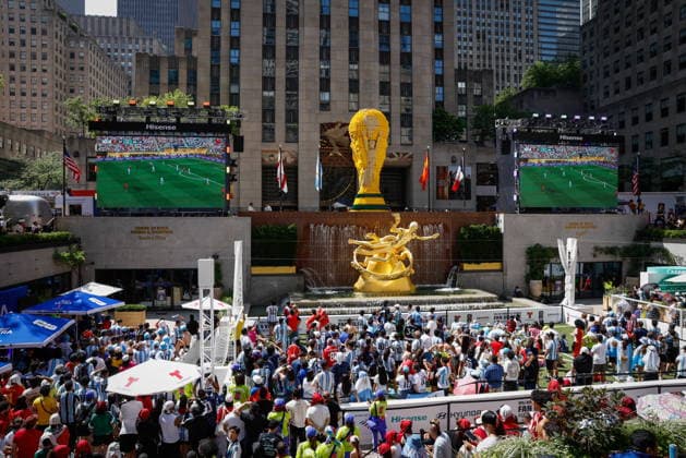 Fans gather in New York for live broadcast of World Cup final Soccer fans gather at Rockefeller Plaza to watch the FIFA World Cup, WM, Weltmeisterschaft, Fussball 2026 final match between Spain and Argentina in New York, New York, USA, 19 July 2026. NEW YORK NEW YORK UNITED STATES  Copyright: xKENAxBETANCURx