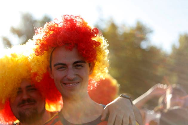 July 19, 2026, Madrid, Madrid, Spain: Thousands of Spanish soccer fans gather at the Puente del Rey esplanade to watch the highly anticipated 2026 World Cup Final match being played between Spain and Argentina on a giant screen installed by the Madrid City Council. The enthusiastic supporters braved the intense summer heat of the capital, arriving with hats, their faces painted in the national colors, and waving flags to passionately cheer for the Spanish national team, Nationalteam As the historic championship clash between the European and South American powerhouses unfolded, the atmosphere in the Madrid Rio park transformed into a tense and vibrant sea of red and yellow. The devoted crowd experienced every crucial play, foul, and shot on goal with overwhelming collective emotion and anxiety, dreaming of lifting the coveted trophy. Madrid Spain - ZUMAo127 20260719_zep_o127_011 Copyright: xHugoxOrtunox