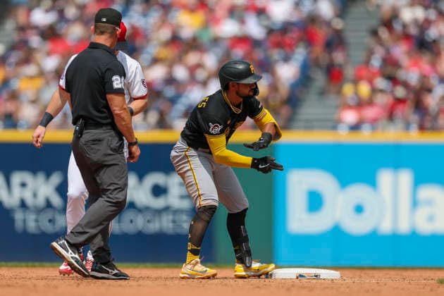 July 19, 2026: Pittsburgh Pirates second baseman Nick Gonzales (3) gestures after hitting a double during the sixth inning of the Major League Baseball game between the Pittsburgh Pirates and Cleveland Guardians at Progressive Field in Cleveland, Ohio. CSM Cleveland United States of America - ZUMAc04_ 20260719_zma_c04_022 Copyright: xBrianxFisherx