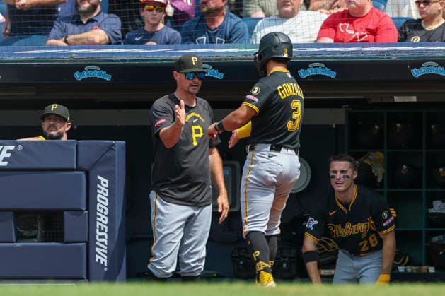 July 19, 2026: Pittsburgh Pirates manager Don Kelly (12) congratulates second baseman Nick Gonzales (3) after Gonzales scored during the sixth inning of the Major League Baseball game between the Pittsburgh Pirates and Cleveland Guardians at Progressive Field in Cleveland, Ohio. CSM Cleveland United States of America - ZUMAc04_ 20260719_zma_c04_024 Copyright: xBrianxFisherx
