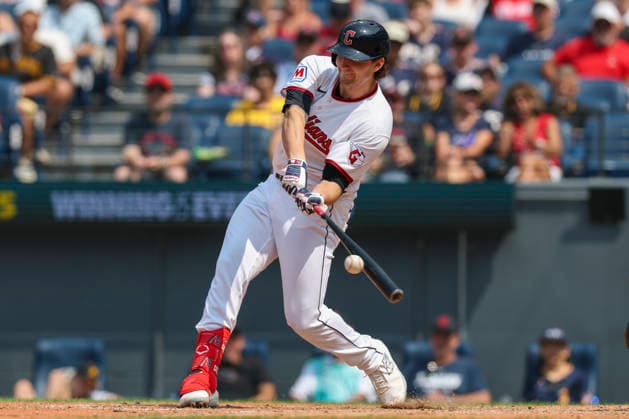 July 19, 2026: Cleveland Guardians designated hitter Chase DeLauter (24) hits a double during the sixth inning of the Major League Baseball game between the Pittsburgh Pirates and Cleveland Guardians at Progressive Field in Cleveland, Ohio. CSM Cleveland United States of America - ZUMAc04_ 20260719_zma_c04_023 Copyright: xBrianxFisherx