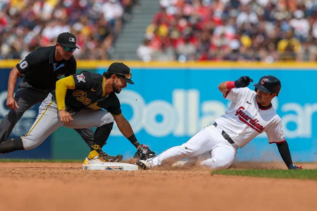 July 19, 2026: Pittsburgh Pirates first baseman Jacob Gonzalez (26) tags out Cleveland Guardians left fielder Steven Kwan (38) during the sixth inning of the Major League Baseball game between the Pittsburgh Pirates and Cleveland Guardians at Progressive Field in Cleveland, Ohio. CSM Cleveland United States of America - ZUMAc04_ 20260719_zma_c04_031 Copyright: xBrianxFisherx