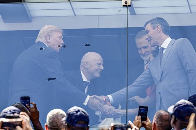 EAST RUTHERFORD, NEW JERSEY - (LR) United States President Donald Trump, FIFA President Gianni Infantino, Spanish King Felipe VI, Spanish Queen Letizia, Spanish Prime Minister Pedro Sanchez during the 2026 FIFA World Cup, WM, Weltmeisterschaft, Fussball final between Spain and Argentina at the New York New Jersey Stadium on July 19, 2026, in East Rutherford, New Jersey, United States. MAURICE VAN STEEN ANP World Cup Soccer 2026 xVIxANPxSportx xMauricexvanxSteenxIVx 563862316 originalFilename: 563862316.jpg