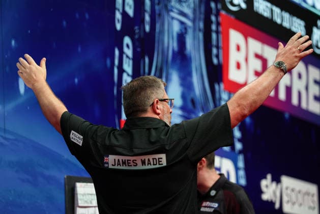 RECORD DATE NOT STATED 19th July 2026, Winter Gardens, Blackpool, Lancashire, England; 2026 Betfred World Matchplay Darts, Day Two; James Wade celebrates after winning his game against Jermaine Wattimena AidanxHunter