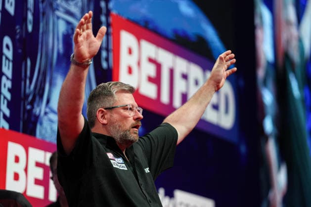 RECORD DATE NOT STATED 19th July 2026, Winter Gardens, Blackpool, Lancashire, England; 2026 Betfred World Matchplay Darts, Day Two; James Wade celebrates after winning his game against Jermaine Wattimena AidanxHunter
