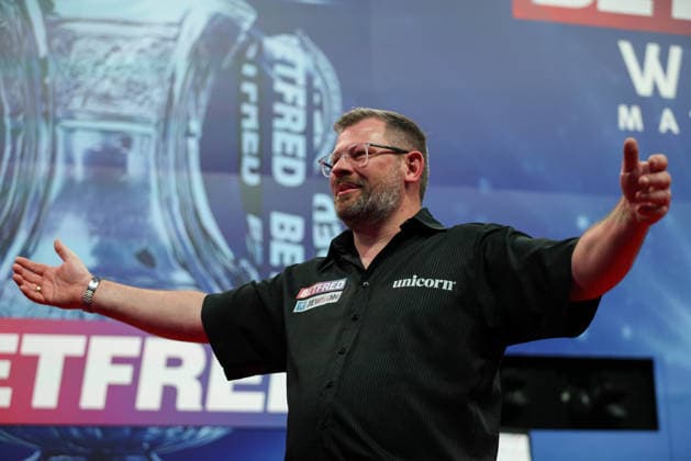 RECORD DATE NOT STATED 19th July 2026, Winter Gardens, Blackpool, Lancashire, England; 2026 Betfred World Matchplay Darts, Day Two; James Wade celebrates after winning his game against Jermaine Wattimena AidanxHunter