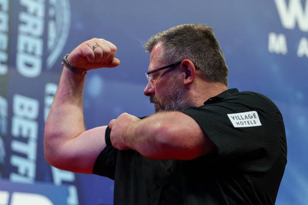 RECORD DATE NOT STATED 19th July 2026, Winter Gardens, Blackpool, Lancashire, England; 2026 Betfred World Matchplay Darts, Day Two; James Wade celebrates after winning his game against Jermaine Wattimena AidanxHunter