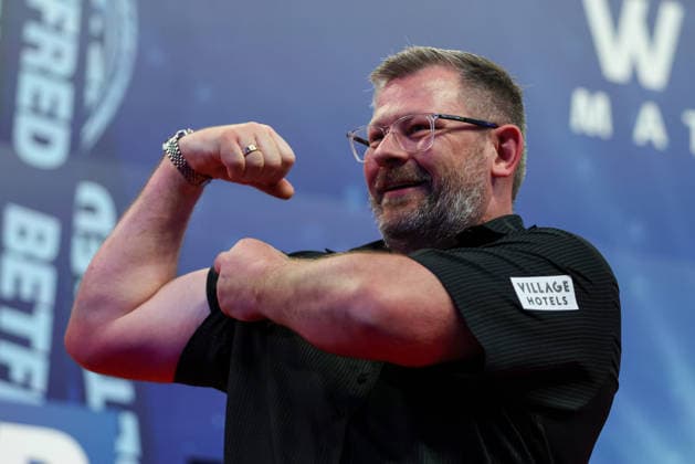 RECORD DATE NOT STATED 19th July 2026, Winter Gardens, Blackpool, Lancashire, England; 2026 Betfred World Matchplay Darts, Day Two; James Wade celebrates after winning his game against Jermaine Wattimena AidanxHunter