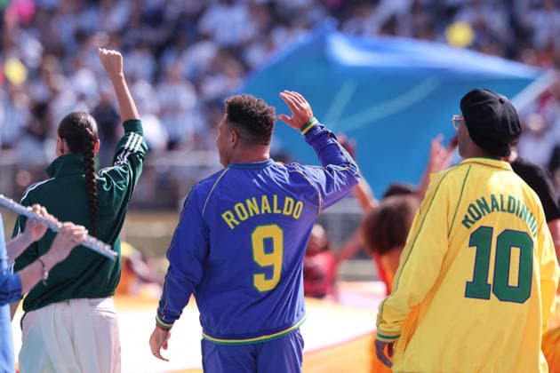 2026 World Cup Final - Ronaldo And Ronaldinho At Half-Time Show - USA Brazilian former professional footballers, Ronaldo Luis Nazario de Lima and Ronaldo de Assis Moreira known as Ronaldinho Gaucho or Ronaldinho during the world cup halftime show during the FIFA World Cup, WM, Weltmeisterschaft, Fussball 2026 final football match between Spain and Argentina on July 19, 2026 at the New York Stadium in East Rutherford, NJ, USA. Photo by Charles Guerin ABACAPRESS.COM East Rutherford NJ United States  Copyright: xGuerinxCharles ABACAx