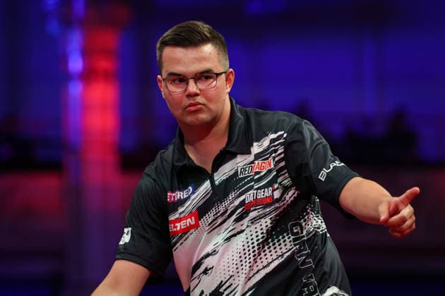 RECORD DATE NOT STATED 19th July 2026, Winter Gardens, Blackpool, Lancashire, England; 2026 Betfred World Matchplay Darts, Day Two; Gian van Veen reacts after winning a leg during his game against Krzysztof Ratajski AidanxHunter