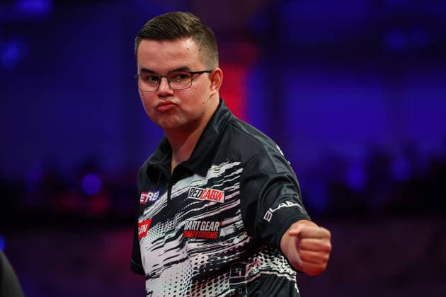 RECORD DATE NOT STATED 19th July 2026, Winter Gardens, Blackpool, Lancashire, England; 2026 Betfred World Matchplay Darts, Day Two; Gian van Veen reacts after winning a leg during his game against Krzysztof Ratajski AidanxHunter