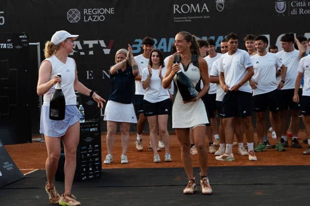 IPA86819894 - Francesca Jones of Great Britain and Lucia Bronzetti of Italy celebrate during the award ceremony for the 2026 ATV BANCOMAT Tennis Open singles final at Circolo Antico Tiro a Volo in Rome, Italy.  Copyright: xMarioxQuartapelle IPAxSportx xx 86819894