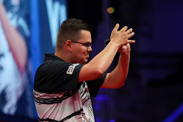 RECORD DATE NOT STATED 19th July 2026, Winter Gardens, Blackpool, Lancashire, England; 2026 Betfred World Matchplay Darts, Day Two; Gian van Veen celebrates after winning his game against Krzysztof Ratajski AidanxHunter