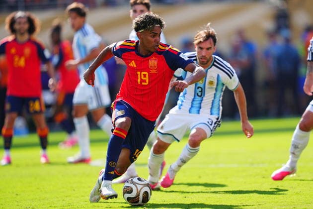 Spain v Argentina - FIFA World Cup, WM, Weltmeisterschaft, Fussball 2026 - Final EAST RUTHERFORD, NEW JERSEY - JULY 19: Lamine Yamal of Spain in action during the FIFA World Cup 2026 Final match between Spain and Argentina at New York New Jersey Stadium in East Rutherford, New Jersey, USA on July 19, 2026.??????? Evrim Aydin Anadolu New Jersey United States. Editorial use only. Please get in touch for any other usage.  Copyright: x2026xAnadoluxEvrimxAydinx