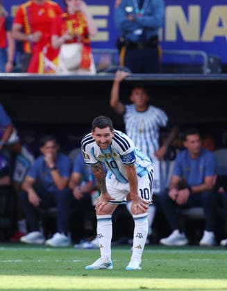New Jersey, USA, 19th July 2026. Lionel Messi of Argentina reacts following the Spain goal during the Spain vs Argentina FIFA World Cup, WM, Weltmeisterschaft, Fussball final match at the Metlife Stadium, New Jersey. Picture credit should read: Paul Terry Sportimage EDITORIAL USE ONLY. No use with unauthorised audio, video, data, fixture lists, club league logos or live services. Online in-match use limited to 120 images, no video emulation. No use in betting, games or single club league player publications. SPI_091_PT_Spain_Argentina SPI-4862-0090