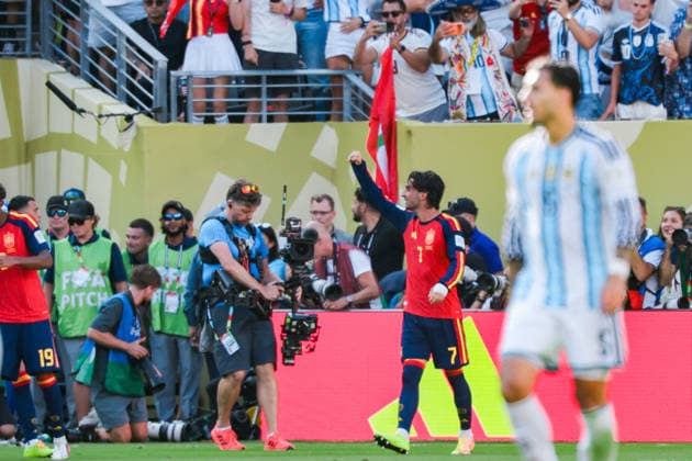 Ferran Torres of Spain celebrates after scoring the team s first goal during a FIFA Men’s World Cup 2026 Final match between Spain and Argentina at New York New Jersey Stadium, in New Jersey on July 19th 2026 (Photo by Leo Barrilari SPP)  Copyright: xLeoxBarrilari SPPx Sportspressphoto_SPR193976