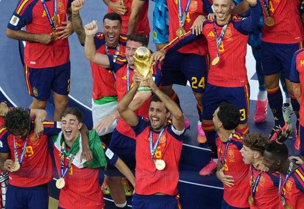 Spain team (Spain) celebrate during Spain and Argentina, Final FIFA World Cup, WM, Weltmeisterschaft, Fussball 2026, New Jersey Stadium, New jersey, USA on July 19, 2026. Thor Wegner DeFodi Images. (Photo by DeFodi Images) - *** The Spanish team celebrates during the 2026 FIFA World Cup final between Spain and Argentina at New Jersey Stadium in New Jersey, USA, on July 19, 2026. Photo by Thor Wegner, DeFodi Images