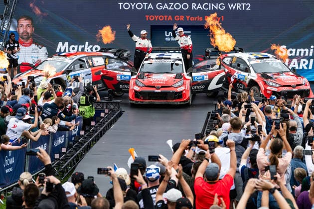 FIA WRC, Motorsport Rallye, WM Delfi Rally Estonia 2026 Sami Pajari and co-driver Marko Salminen of the Toyota Gazoo Racing WRT team celebrate on the podium during the FIA World Rally Championship Delfi Rally Estonia 2026 in Tartu, Estonia. Tartu Estonia  Copyright: xLucaxBarsalix originalFilename:barsali-wrcdelfi260719_npXU5.jpg
