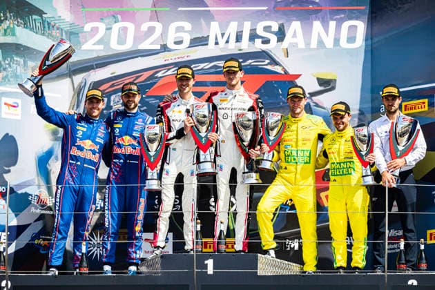 GT World Challenge Europe By AWS - Misano 2026 - Race 2 The podium with Kelvin van der Linde and Charles Weerts of Team WRT, Dani Juncadella and Chris Lulham of Mercedes-AMG Team Verstappen Racing, and Lucas Auer and Maro Engel of Team Winward Racing during Race 2 of the fifth round of the GT World Challenge Europe by AWS at the Misano World Circuit - Marco Simoncelli in Misano, Italy, on July 19, 2026. Misano Italy Italy  Copyright: xFabioxPellicciax originalFilename:pelliccia-gtworldc260719_npN5j.jpg