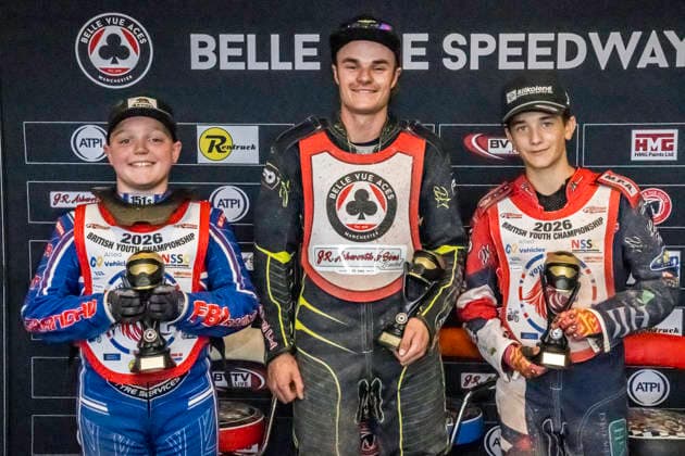 JR Ashworth & Sons Colts Academy - British Youth Championship (125cc) Aston Knott (89) (Support Class), Ben Whalley (Colts Academy), and Fraser Buckle (555) (British Youth Championship) during the JR Ashworth & Sons Colts Academy & British Youth Championship (125cc) at the National Speedway Stadium in Manchester, United Kingdom. Manchester United Kingdom  Copyright: xMIxNewsx originalFilename:fletcher-jrashwor260719_npdBS.jpg