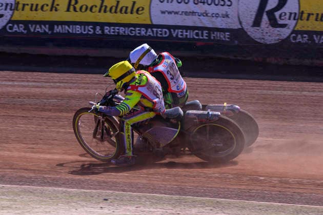 JR Ashworth & Sons Colts Academy - British Youth Championship (125cc) George Climo (83) in yellow rides inside Lewis Hague (322) in white during the British Youth Championship (125cc) at the National Speedway Stadium in Manchester, United Kingdom. Manchester United Kingdom  Copyright: xMIxNewsx originalFilename:fletcher-jrashwor260719_npHP1.jpg
