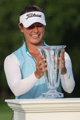 SYLVANIA, OH - JULY 19: Annabelle Pancake-Webb sits the winner™s trophy back onto the display stand during the awards ceremony following the final round of the LPGA, Golf Damen EPSON Tour - Greater Toledo Classic on July 19, 2026 at Highland Meadows Golf Club in Sylvania, Ohio. (Photo by Scott W. Grau Icon Sportswire) GOLF: JUL 19 LPGA Greater Toledo Classic EDITORIAL USE ONLY Icon26071911