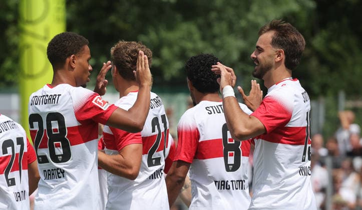 19.07.2026, Deutschland, Balingen, Fußball Bundesliga, Saison 2026 2027, Testspiel, TSG Balingen vs. VfB Stuttgart, von links: Nikolas Nartey Jovan Milosevic ( VfB ) , Jubel *** July 19, 2026, Germany, Balingen, Bundesliga, 2026–2027 season, Friendly Match, TSG Balingen vs. VfB Stuttgart, from left: Nikolas Nartey, Jovan Milosevic (VfB), celebrating
