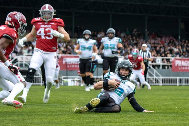 Russell Tabor 9, Munich Ravens scramble , Prague Lions vs Munich Ravens, American Football, EUROPEAN FOOTBALL ALLIANCE (EFA), Week 10, 2026, 19.07.2026 Praha MÄ›stskÃ½ Stadion Czechia Copyright: xM51x