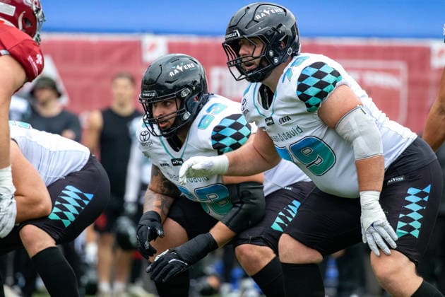 Gerrit Brandt 79, Munich Ravens Nouredin Nouili 63, Munich Ravens on the line, Prague Lions vs Munich Ravens, American Football, EUROPEAN FOOTBALL ALLIANCE (EFA), Week 10, 2026, 19.07.2026 Praha MÄ›stskÃ½ Stadion Czechia Copyright: xM51x