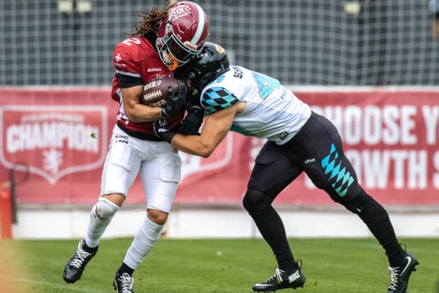 William Patterson 2, Prague Lions being tackled by Luca Maier 41, Munich Ravens , Prague Lions vs Munich Ravens, American Football, EUROPEAN FOOTBALL ALLIANCE (EFA), Week 10, 2026, 19.07.2026 Praha MÄ›stskÃ½ Stadion Czechia Copyright: xM51x