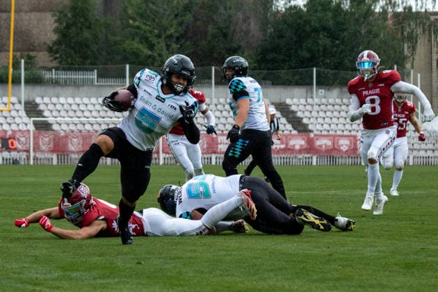 Justus Seelig 5, Munich Ravens run for touchdown, Prague Lions vs Munich Ravens, American Football, EUROPEAN FOOTBALL ALLIANCE (EFA), Week 10, 2026, 19.07.2026 Praha MÄ›stskÃ½ Stadion Czechia Copyright: xM51x
