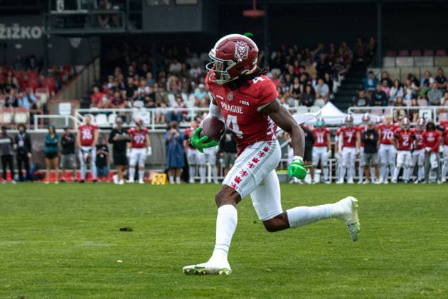 Ken Hike Jr. 4, Prague Lions kickoff return, Prague Lions vs Munich Ravens, American Football, EUROPEAN FOOTBALL ALLIANCE (EFA), Week 10, 2026, 19.07.2026 Praha MÄ›stskÃ½ Stadion Czechia Copyright: xM51x