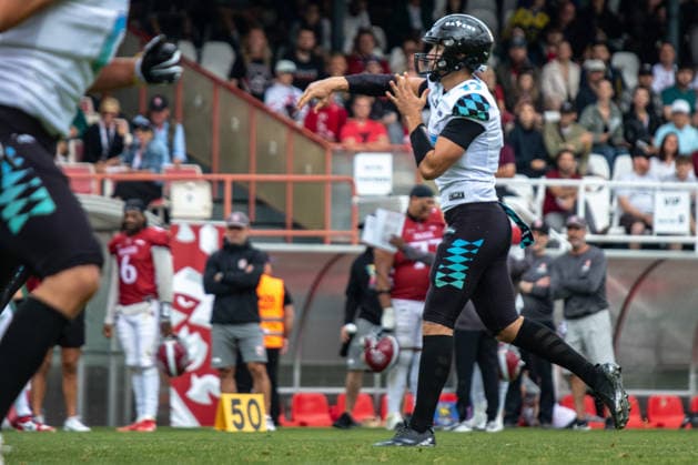 Lewin Adrom 17, Munich Ravens after throw, Prague Lions vs Munich Ravens, American Football, EUROPEAN FOOTBALL ALLIANCE (EFA), Week 10, 2026, 19.07.2026 Praha MÄ›stskÃ½ Stadion Czechia Copyright: xM51x