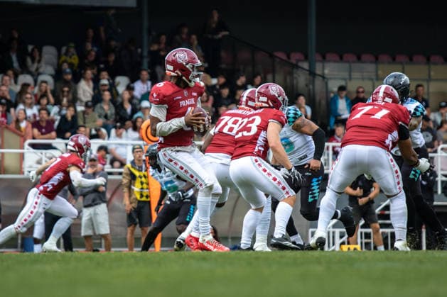 Jaylon Henderson 6, Prague Lions inside the pocket, Prague Lions vs Munich Ravens, American Football, EUROPEAN FOOTBALL ALLIANCE (EFA), Week 10, 2026, 19.07.2026 Praha MÄ›stskÃ½ Stadion Czechia Copyright: xM51x