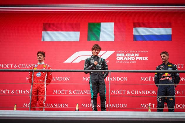 IPA86833589 - Podium at the Belgian Grand Prix: Kimi Antonelli wins ahead of Charles Leclerc and Max Verstappen during the Belgian Grand Prix at Spa-Francorchamps, July 16–19, 2026, 2026 Formula 1 World Championship, WM, Weltmeisterschaft  Copyright: xFedericoxBasile IPAxSportx xx 86833589