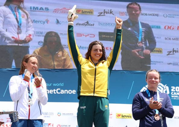 July 20, 2026, Oklahoma City, Oklahoma, USA: JESSICA FOX of Australia, KATERINA BEKOVA of Czech Republic and LOIS LEAVER of Great Britain during Kayak Cross medalist ceremony on 2026 ICF Canoe Slalom World Championships, Oklahoma City, USA. ICF Canoe Slalom World Championships 2026 - Fox, Bekova, Leaver  - ZUMAc278 20260720_zsp_c278_002 Copyright: xMarcinxCholewinskix