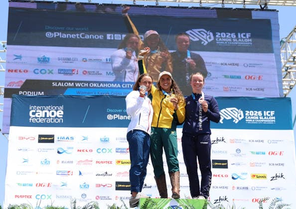 July 20, 2026, Oklahoma City, Oklahoma, USA: JESSICA FOX of Australia, KATERINA BEKOVA of Czech Republic and LOIS LEAVER of Great Britain during Kayak Cross medalist ceremony on 2026 ICF Canoe Slalom World Championships, Oklahoma City, USA. ICF Canoe Slalom World Championships 2026 - Fox, Bekova, Leaver  - ZUMAc278 20260720_zsp_c278_004 Copyright: xMarcinxCholewinskix