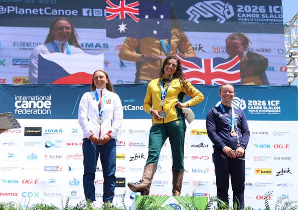 July 20, 2026, Oklahoma City, Oklahoma, USA: JESSICA FOX of Australia, KATERINA BEKOVA of Czech Republic and LOIS LEAVER of Great Britain during Kayak Cross medalist ceremony on 2026 ICF Canoe Slalom World Championships, Oklahoma City, USA. Oklahoma City USA - ZUMAc278 20260720_zsp_c278_003 Copyright: xMarcinxCholewinskix