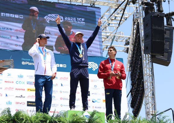 July 20, 2026, Oklahoma City, Oklahoma, USA: KREJCI JAKUB of Czech Republic, JOSEPH CLARKE of Great Britain and DAVID LLORENTE of Spain during Kayak Cross medalist ceremony on 2026 ICF Canoe Slalom World Championships, Oklahoma City, USA. ICF Canoe Slalom World Championships 2026 - Krejci, Clarke, Llorente  - ZUMAc278 20260720_zsp_c278_012 Copyright: xMarcinxCholewinskix